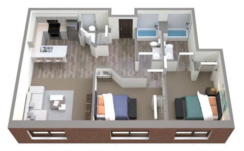 Floor plan for 2 beds, 2 baths, 1385 sqft